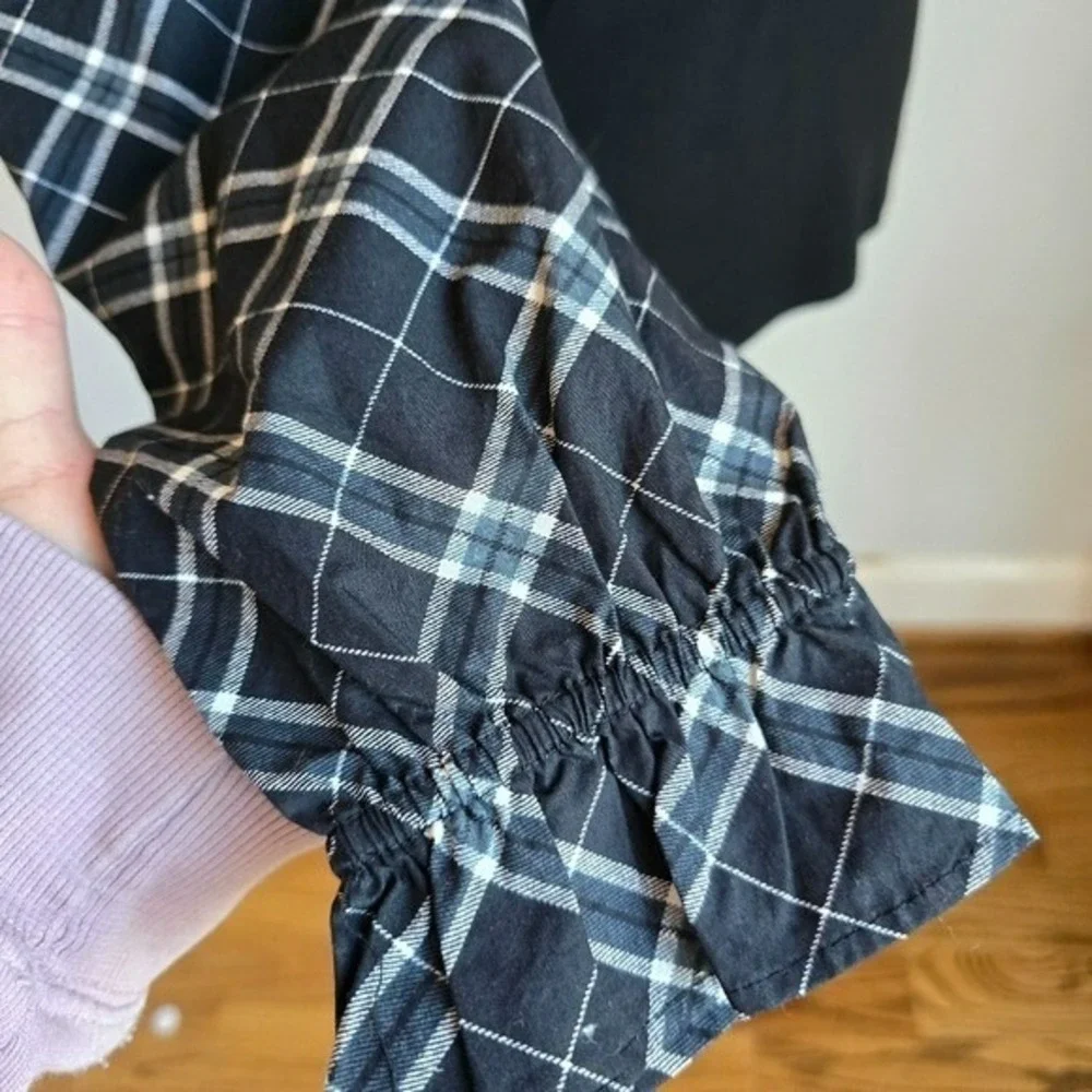 LOFT NEW Black Plaid Henley Mixed Media Blouson Shirt Top SZ Large Academia